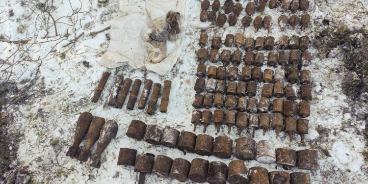 FOTO: Bolderājā meža slēpnī atrod ievērojamu šaujamieroču un sprāgstvielu arsenālu