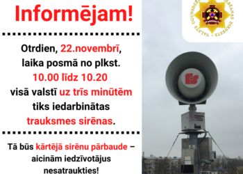 VUGD 22.novembrī veiks trauksmes sirēnu pārbaudi