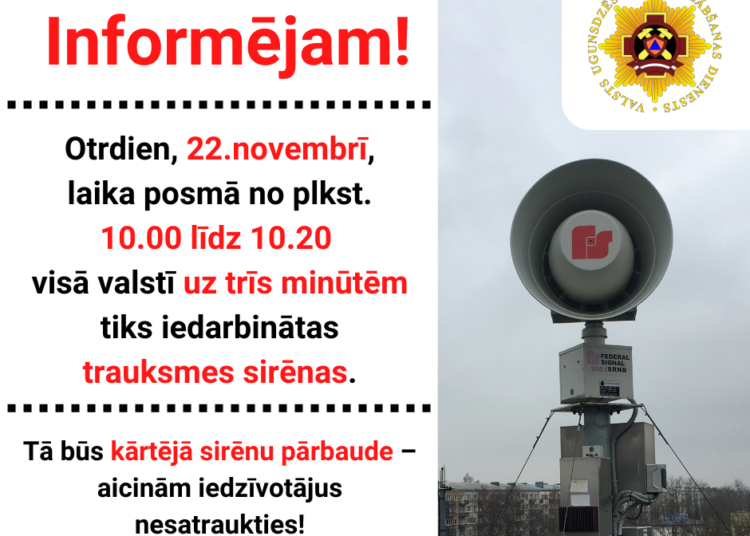 VUGD 22.novembrī veiks trauksmes sirēnu pārbaudi