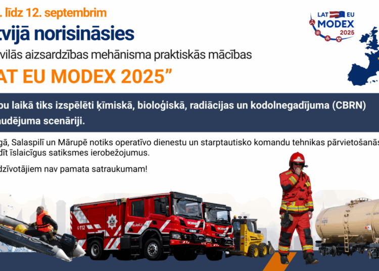No 9. līdz 12. septembrim Latvijā norisināsies ES civilās aizsardzības mācības “LAT EU MODEX 2025” No 9. līdz 12. septembrim Latvijā norisināsies ES civilās aizsardzības mācības “LAT EU MODEX 2025”